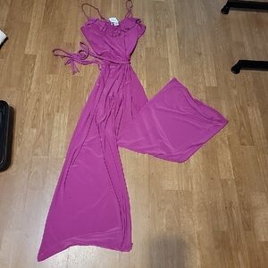 Spaghetti Strap Belted Wide Leg Stretchy Jumpsuit